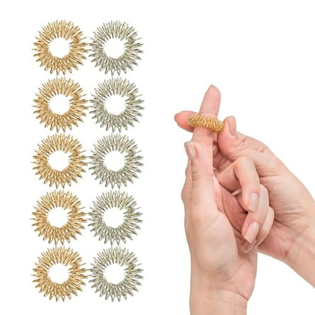 IMPRESA Spiky Sensory Acupressure Fidget Rings - 10-Pack, 1 in Dia, Silver & Gold - Stress Relief Fidget Ring - Tactile Stimulation with Spiky Sensory Band - Compact Stress Relief Toy
